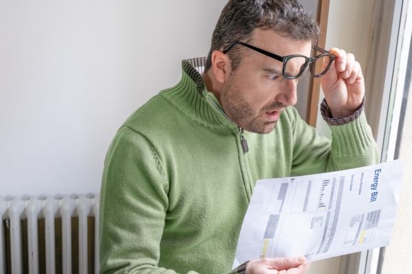 man looking surprised while looking at high energy bill