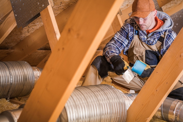 HVAC technician fixing air leaks in ductwork