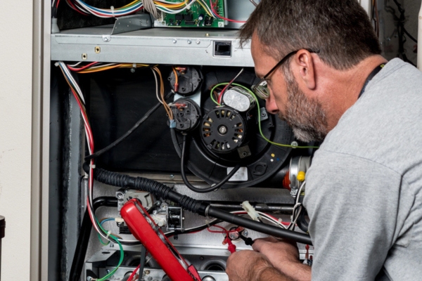 HVAC technician examining furnace