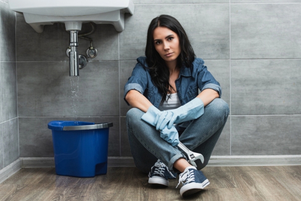 Woman in rubber gloves sitting beside sink while holding a wrench