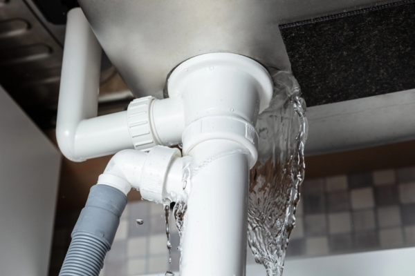 Close-up image Of Water Is Leaking From The White Sink Pipe