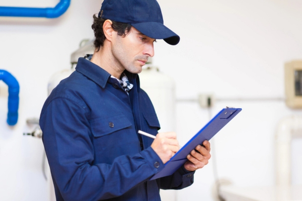 plumber writing notes on a paper on a clipboard during inspection